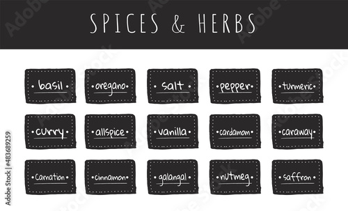 Black and white spices and herbs stickers or food labels for labeling kitchen jars, containers, packages and more. Collection of rectangular frames. Vector illustration