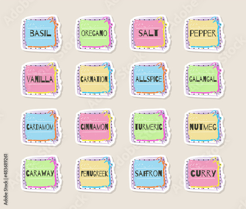 Spices and herbs stickers or food labels for marking kitchen jars, containers, packages and more. Collection of cute creative colorful frames. Vector illustration