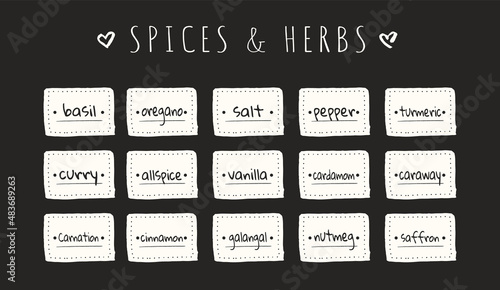 Black and white spices and herbs stickers or food labels for labeling kitchen jars, containers, packages and more. Collection of rectangular frames. Vector illustration