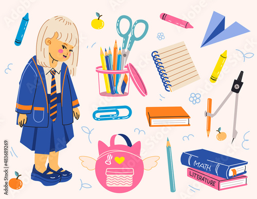 Set of school supplies and stationery. Children's cute graphic elements, icons, items for design, print, fabric, stickers and more. Back to school concept. Vector illustration in cartoon flat style