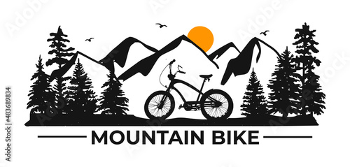 cycling vector silhouette. mountain landscape, forest strip, bike and road vector. bicycle vector silhouette. hand drawing.sunrise in the mountains vector landscape. eps art vector	
