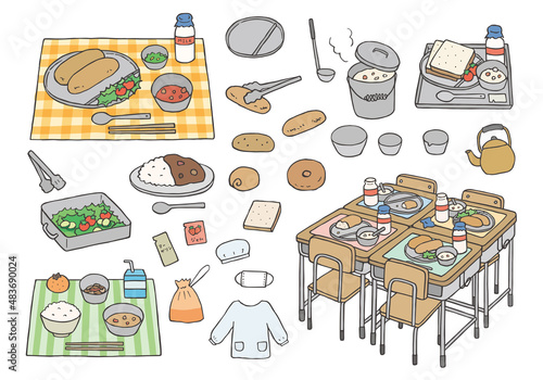 給食にまつわる手描きイラストセット（カラー）