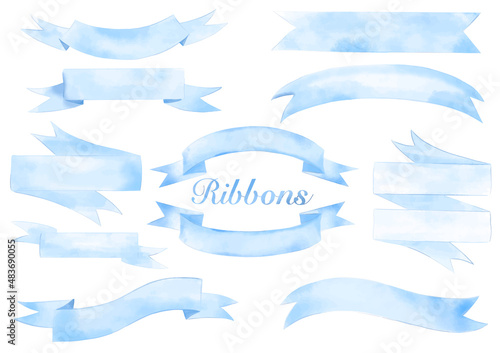 Watercolor blue ribbon banners vector collection