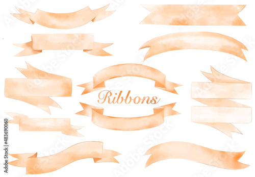 Watercolor Orange color ribbon banners vector collection