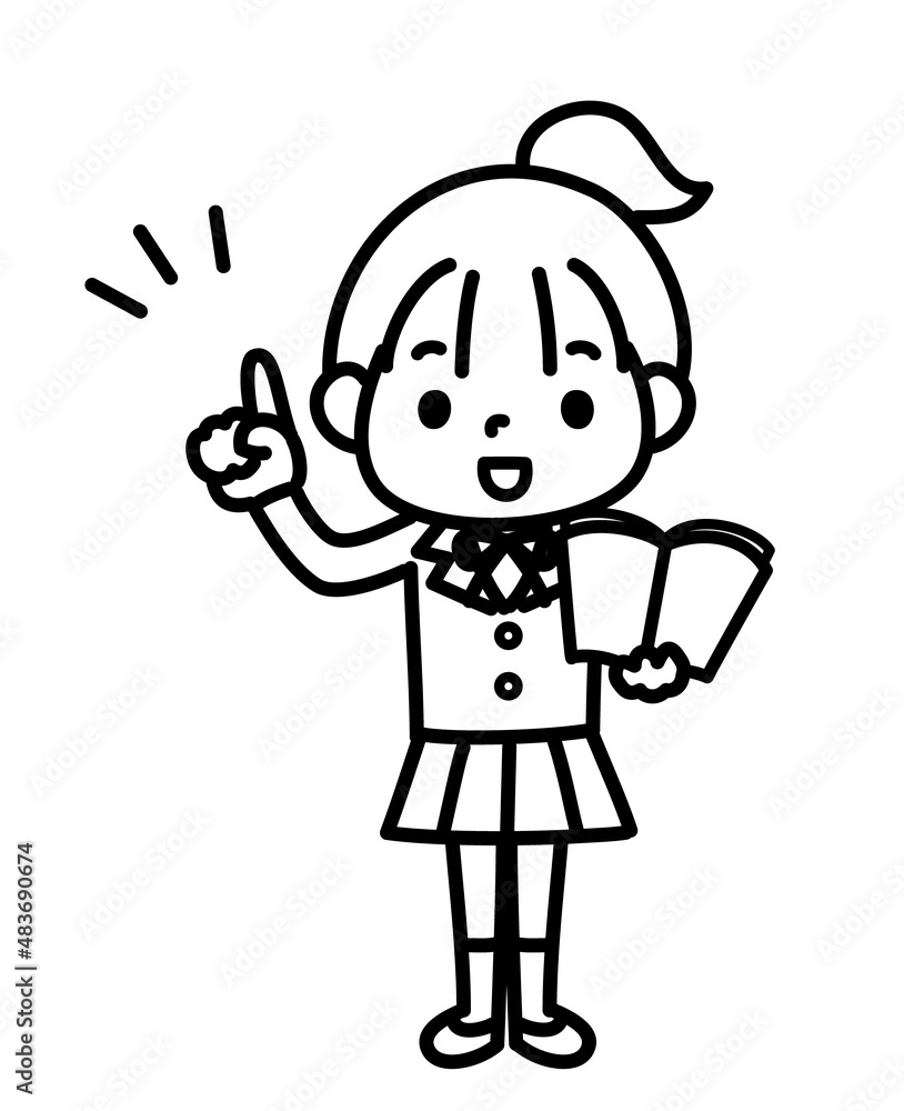 片手に本を持って説明する女子学生 モノクロ 片手に本を持って説明する女子学生 モノクロ