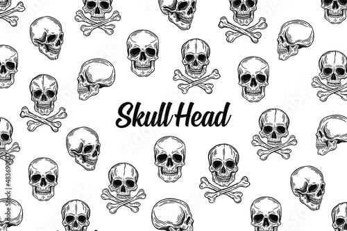 Set Dark illustration Skull Head Hand drawn Hatching Outline Style