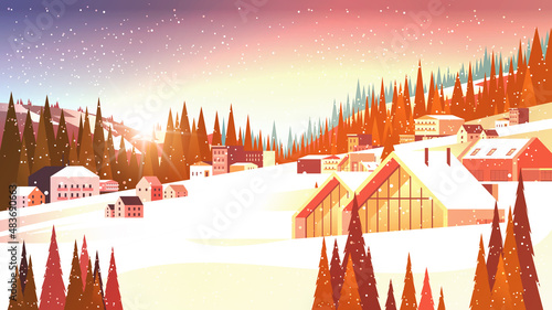 snow covered buildings in winter season residential houses area ski resort concept new year and christmas celebration