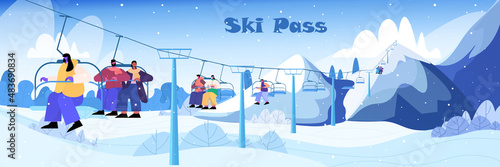 people sitting on chairlifts ski resort cableway in snowy mountains christmas new year holidays celebration winter vacation