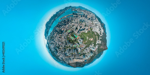 Aerial view tiny planets effect of Hong Kong city in a sunny day