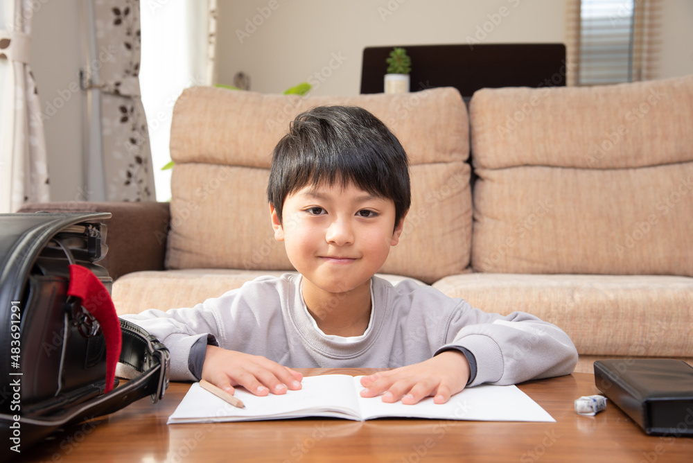 リビングで勉強をする小学生の男の子 リビングで勉強をする小学生の男の子