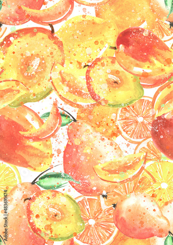 Fototapeta Naklejka Na Ścianę i Meble -  Vintage seamless pattern with watercolors - from tropical fruit, citrus spray, lemon, orange, lime, pear, mango fruit, paint splash. Bright fashionable background. Citrus Tropical Fruit Watercolor