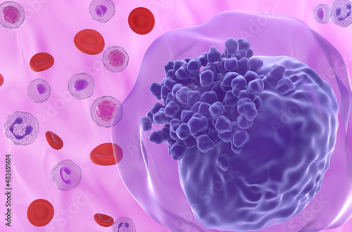 Acute myeloid leukemia (AML) cell in blood flow - super closeup view 3d illustration photo