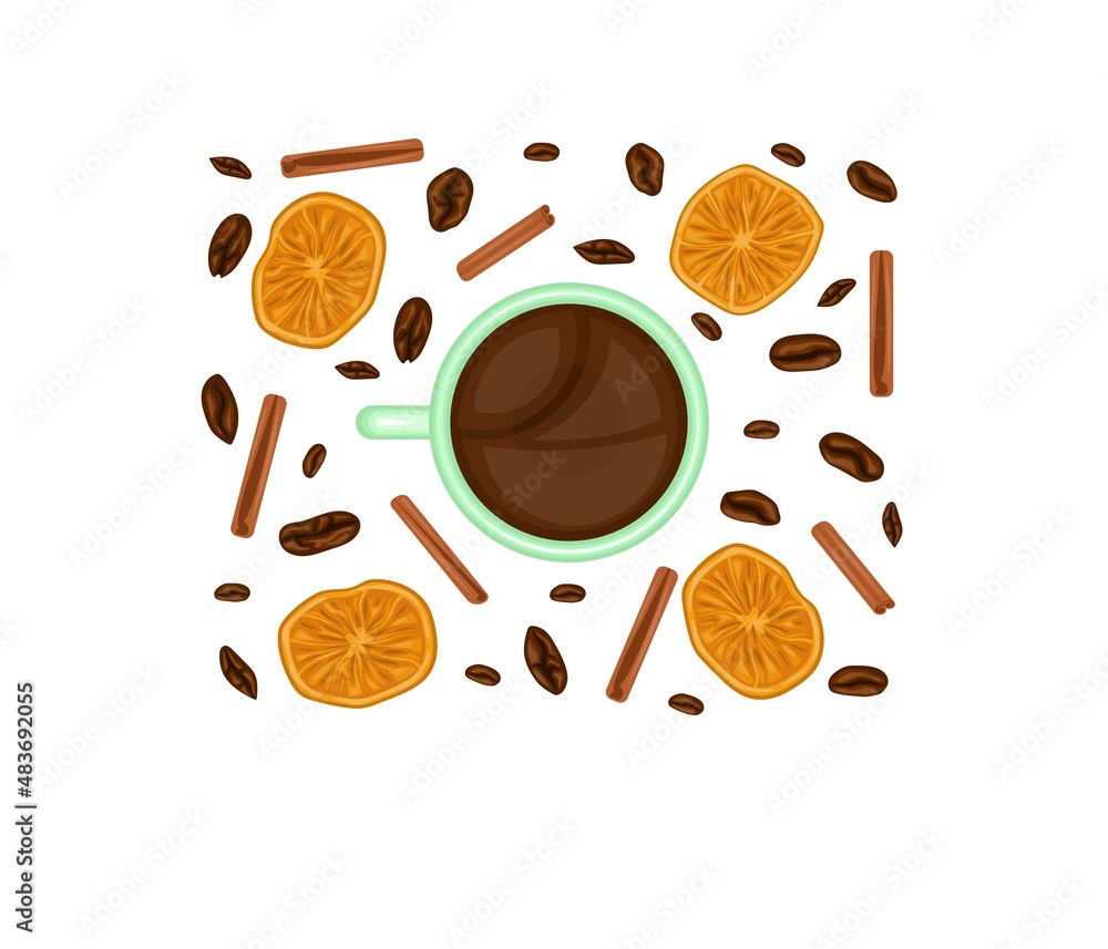 Obraz premium A cup of coffee is decorated with dried orange slices, cinnamon sticks and coffee beans.