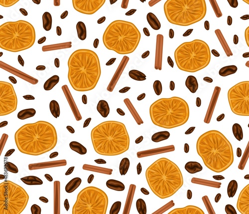 Orange slices, cinnamon sticks and coffee beans. Seamless pattern.