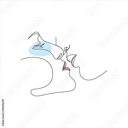 Continuous line drawing kissing couple, kiss, lips. Abstract line art.