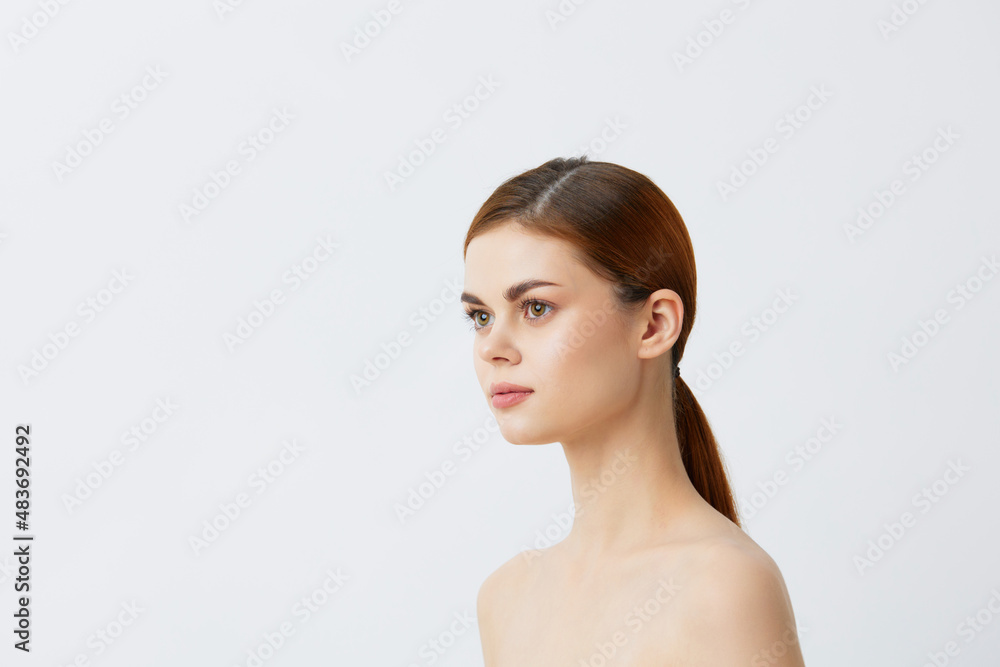 pretty woman bare shoulders pure skin glamor light background pretty woman bare shoulders pure skin glamor light background