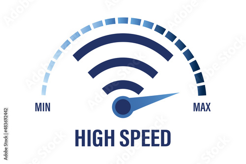 Speed test. High speed wireless internet. Wifi symbol with arrow and text. Fast public network. Measuring scale with arrow. Trendy blue colors icon isolated on white background.