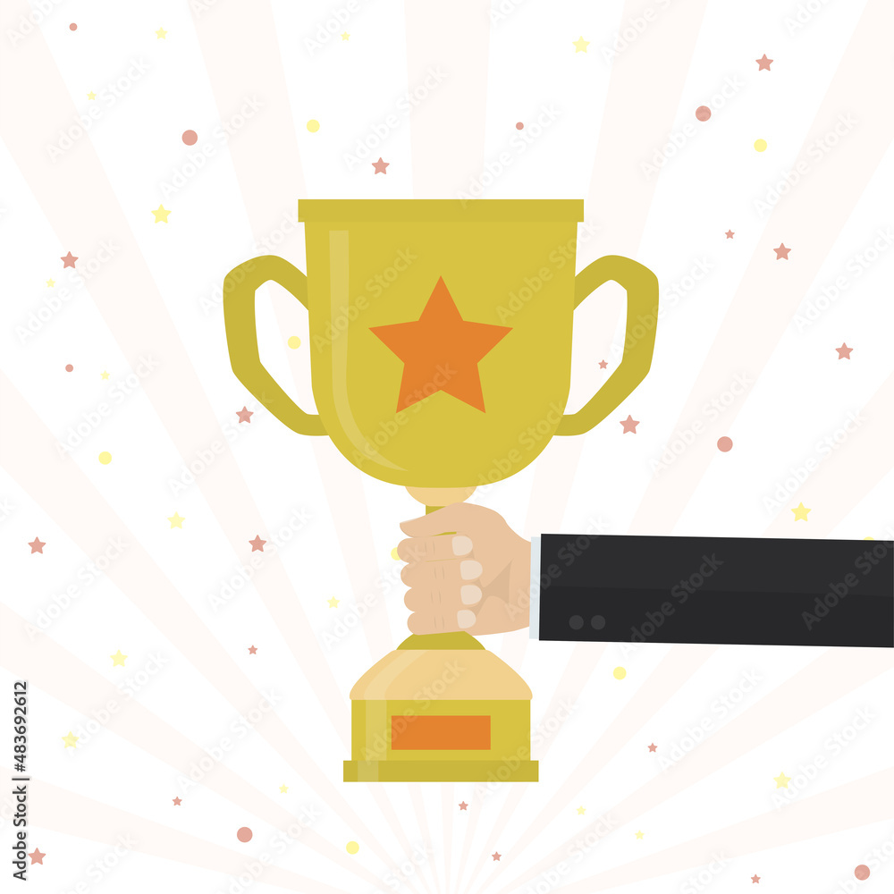 Hand holds winner cup. Loyalty program, first place, trophy for winner. Reward for good work, accomplishment celebration. Reaching goal, top performance. Award Ceremony, Prize Presentation. Hand holds winner cup. Loyalty program, first place, trophy for winner. Reward for good work, accomplishment celebration. Reaching goal, top performance. Award Ceremony, Prize Presentation.