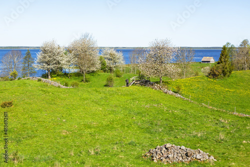 Lake view with meadows and a mound of stones