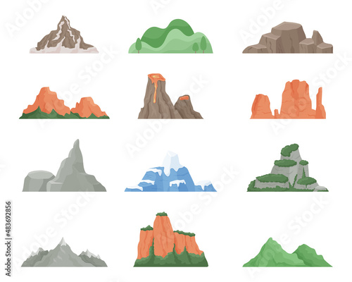 mountains. Cartoon dessert rock and snowy cliff landscape element. Vector isolated set