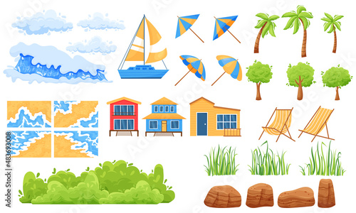 Cartoon beach kit. Ocean shore constructor with palm trees beach heels mountains and clouds. Vector tropical landscape design