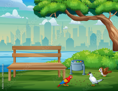 Cute three birds in park eat bread crumbs