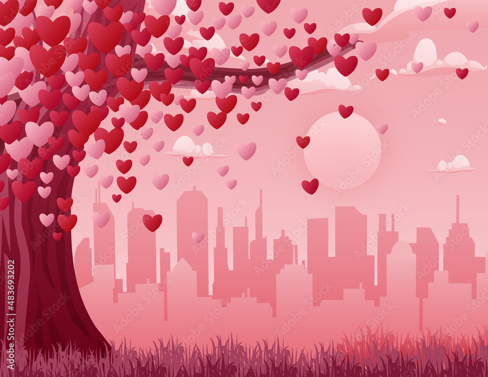 Valentines day background with a heart tree and cityscape