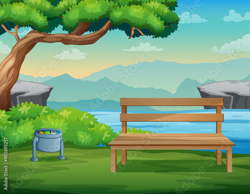 Background of a wooden bench and tree near the river