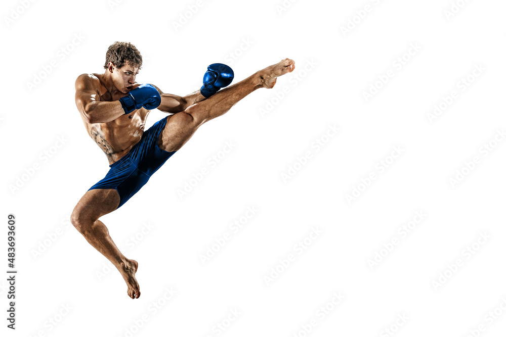 Professional athlete boxer in jump in blue gloves isolated on white background. Sport concept