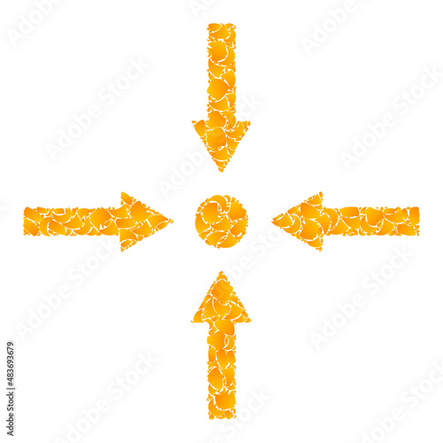 Vector golden meeting point arrows mosaic icon. Meeting point arrows is isolated on a white background. Golden items mosaic based on meeting point arrows icon.
