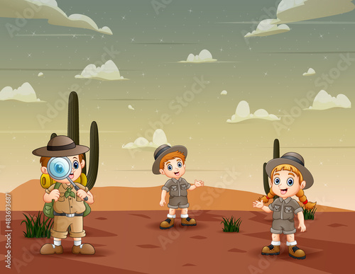 The explorer girl and boy at the desert illustration