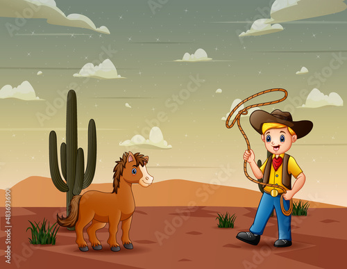A cowboy catching wild horses in desert