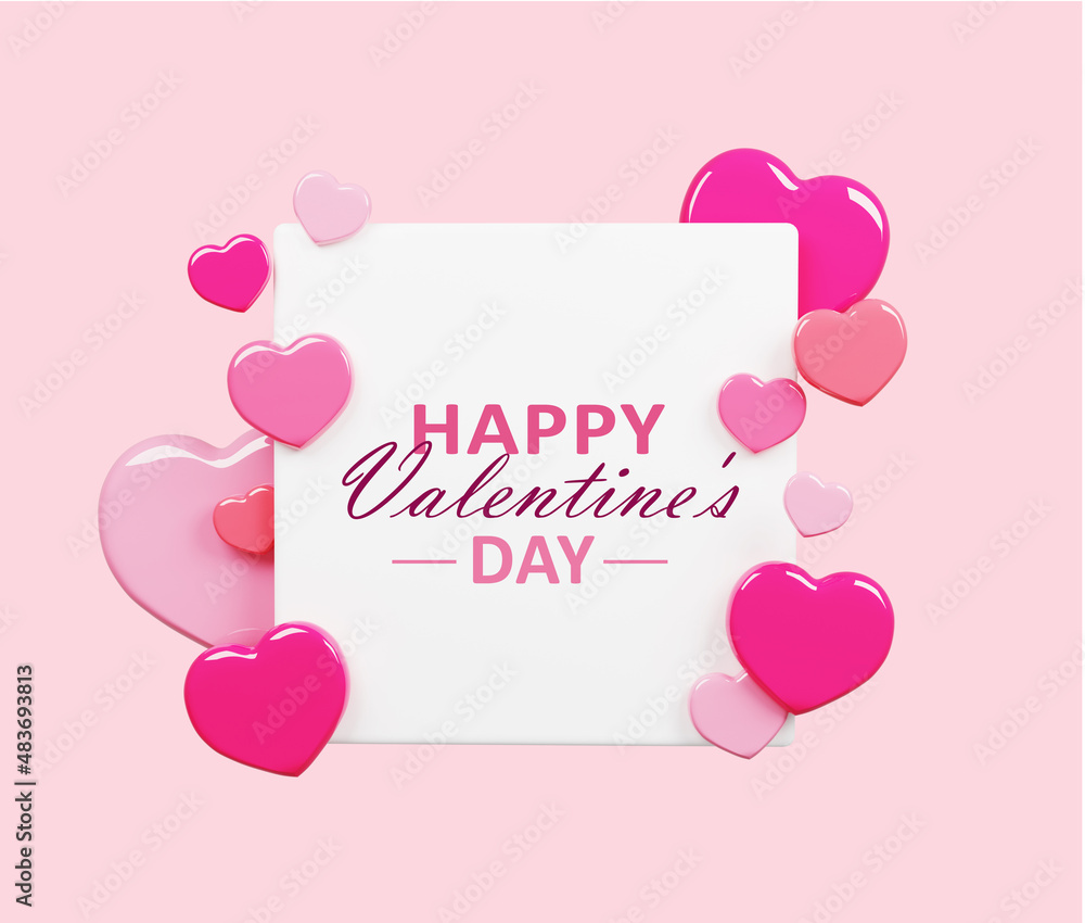 Valentine's day concept background. 3d red and pink hearts with white square frame. Cute love sale banner or greeting card. 3d render.. Valentine's day concept background. 3d red and pink hearts with white square frame. Cute love sale banner or greeting card. 3d render..