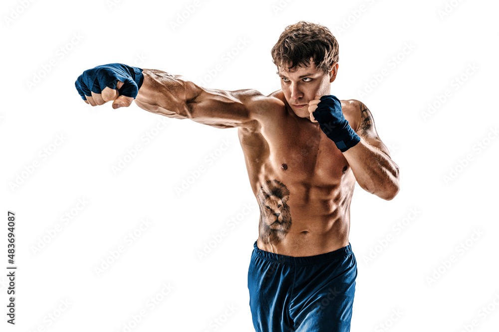 Portrait of male muscular boxer who training and practicing jab on white background. Blue sportswear - obrazy, fototapety, plakaty 