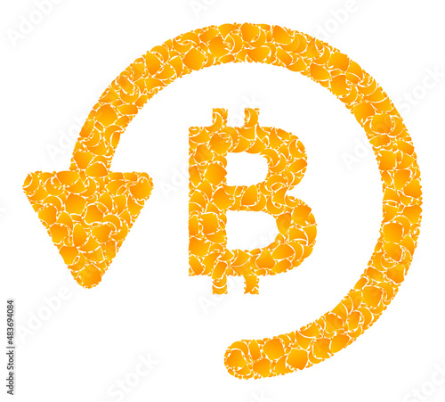 Vector gold bitcoin refund mosaic icon. Bitcoin refund is isolated on a white background. Golden particles mosaic based on bitcoin refund icon.