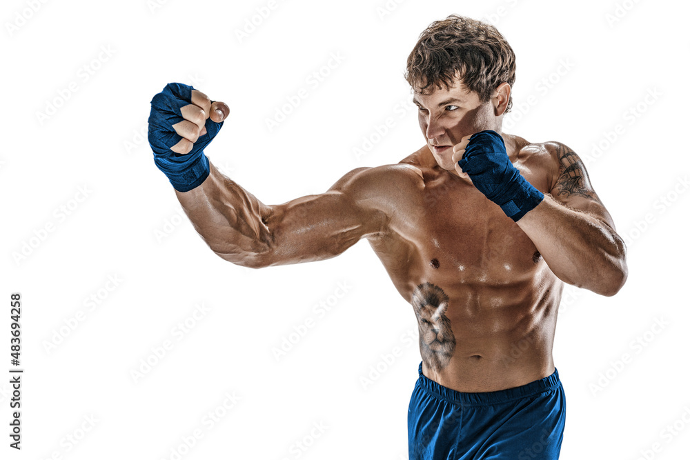Portrait of male boxer who training and practicing right hook on white background. Blue sportswear