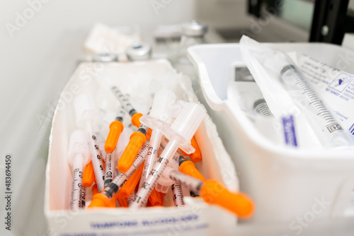 Diabetic needles used as Botox needles on a shelf in a medical clinic - box of syringe needles for multiple medical purposes.