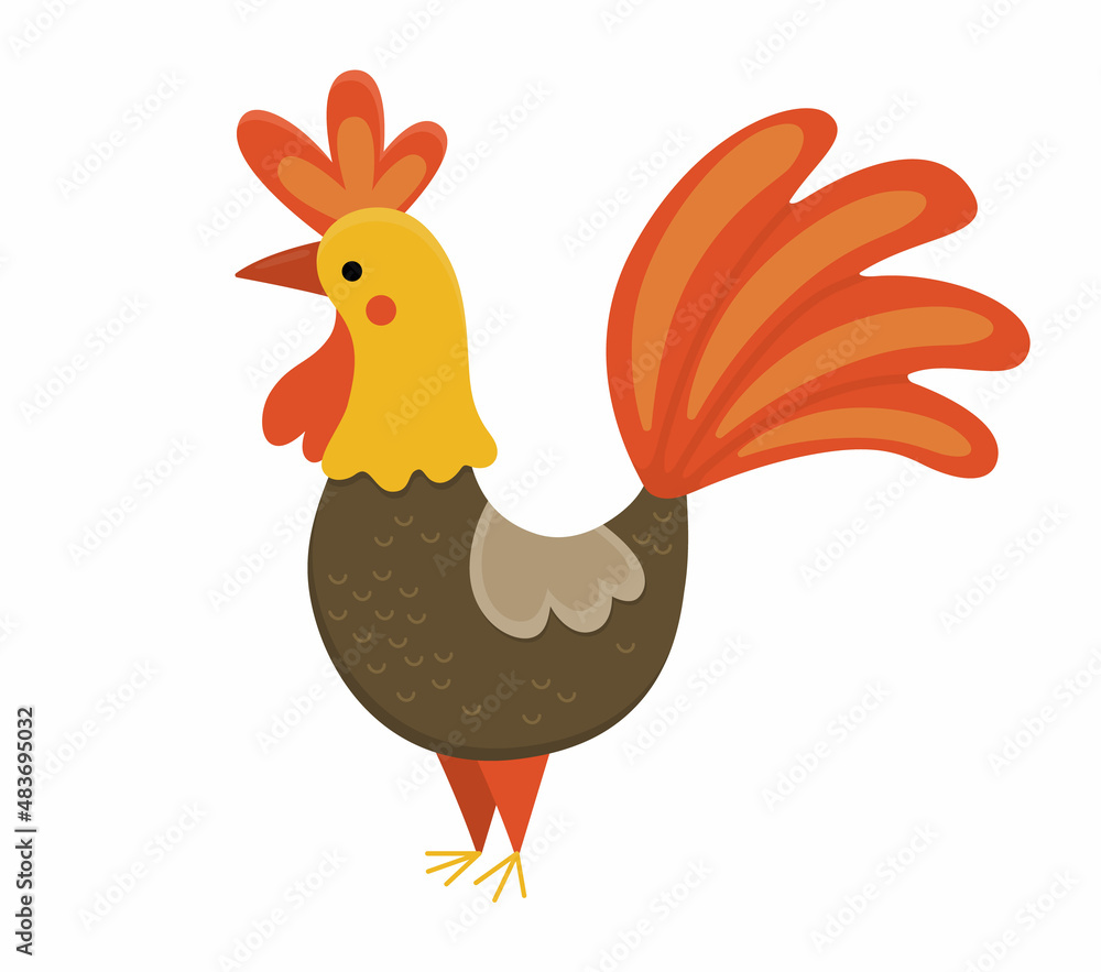 Vector rooster icon. Cute cartoon cockerel illustration for kids. Farm bird isolated on white background. Colorful flat animal picture for children.