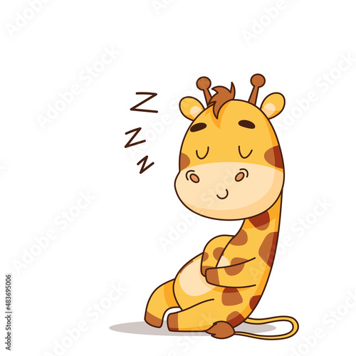 Giraffe sleeps sitting and makes a sound Zzz. Vector illustration for designs, prints and patterns. Vector illustration