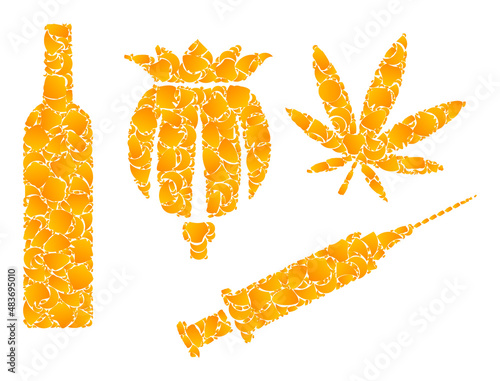 Vector gold addiction drugs mosaic icon. Addiction drugs is isolated on a white background. Gold items collage based on addiction drugs icon.
