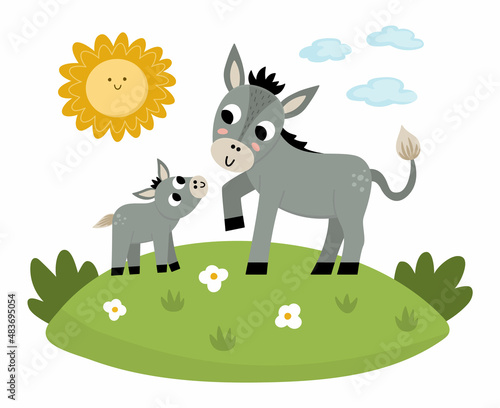 Vector donkey with baby on a lawn under the sun. Cute cartoon family scene illustration for kids. Farm animals on natural background. Colorful flat mother and baby picture for children.