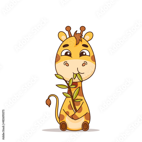 Happy giraffe eats leaves from a branch. Vector illustration for designs, prints and patterns. Isolated on white background