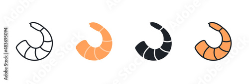 Shrimp prawn icon. Linear flat color icons contour shape outline. Black isolated silhouette. Fill solid icon. Modern glyph. Set of vector illustrations. Meat products fish and seafood. Marine life