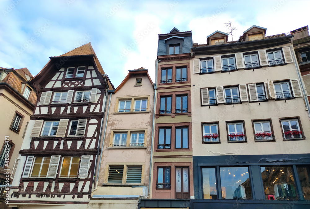 View of medieval buildings at the channel at little france quarter in Strasbourg at winter