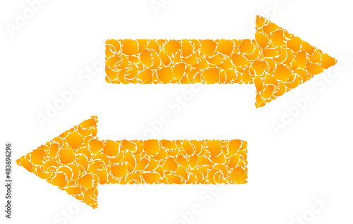 Vector gold horizontal exchange arrows mosaic icon. Horizontal exchange arrows is isolated on a white background. Gold particles mosaic based on horizontal exchange arrows icon.