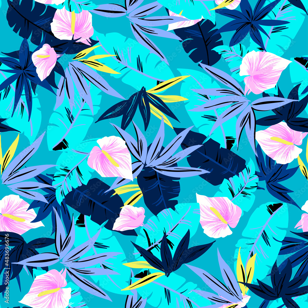 Seamless pattern Exotic wallpaper of tropical flowers green leaves of palm trees and flowers calla , artwork for fabrics, souvenirs, packaging, greeting cards