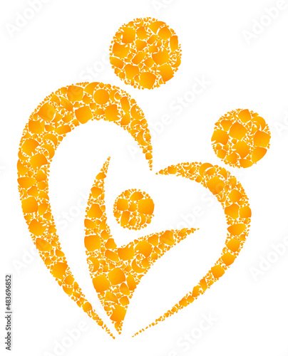 Vector golden familty care mosaic icon. Familty care is isolated on a white background. Golden items mosaic based on familty care icon. Mosaic familty care iconic image is made with yellow parts.