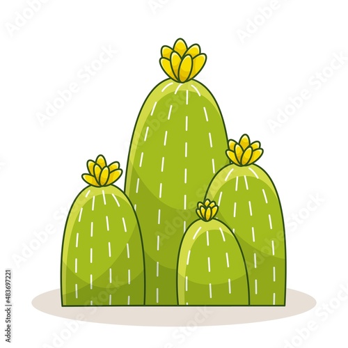 Cactus with thorns and flowers. Mexican green plant with spines. Element of the desert and southern landscape. Cartoon flat vector illustration. Isolated on white background.