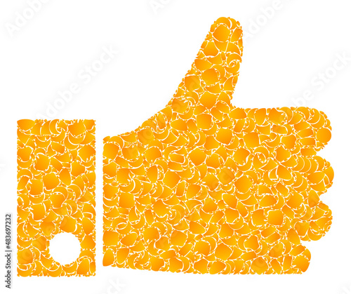 Vector gold thumb up mosaic icon. Thumb up is isolated on a white background. Gold particles mosaic based on thumb up icon. Mosaic thumb up iconic image is done with yellow items.
