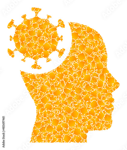 Vector golden head virus mosaic icon. Head virus is isolated on a white background. Golden particles pattern based on head virus icon. Mosaic head virus iconic image is created of yellow items.